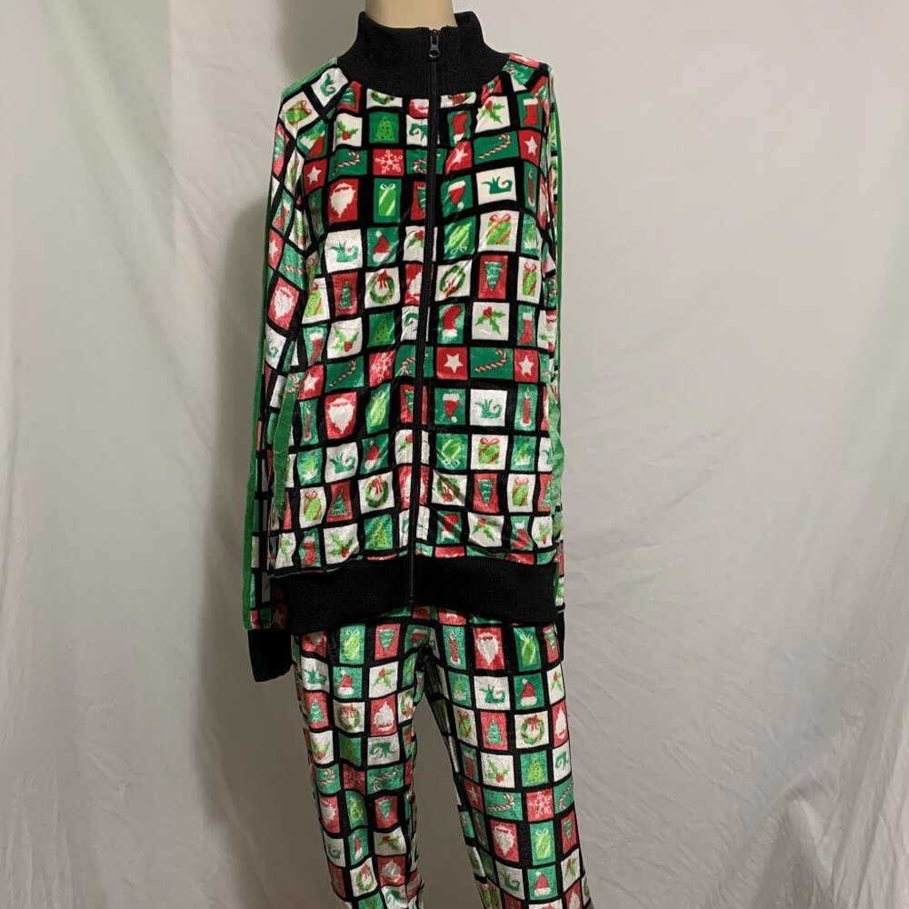 Christmas Tracksuit 2 Piece Set Velour Jacket Pant Jogger Merry Plaid Green 2XL